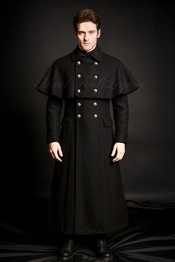 Men’s Gothic Victorian Black Wool Cape Coat, Vintage Steampunk Long Cloak Overcoat Jacket