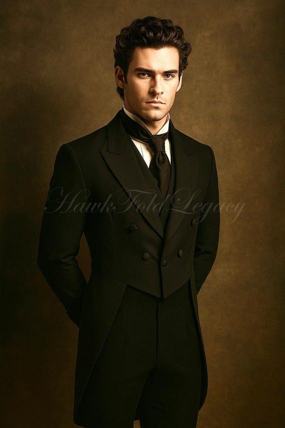 Men’s Victorian Black Wool Regency Tailcoat, Gothic Steampunk Style Frock Coat, Historical Long Overcoat