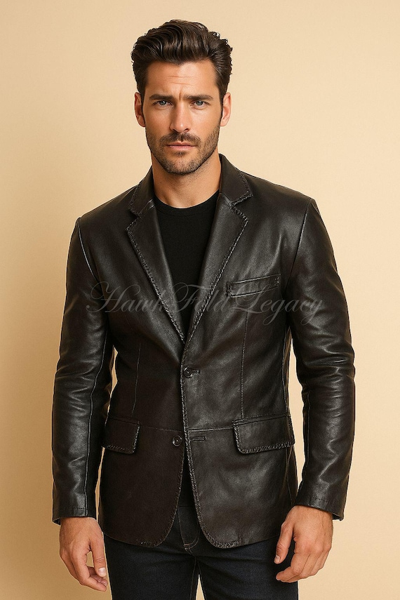 Men's Black Leather Blazer: Slim Fit, Medieval Style
