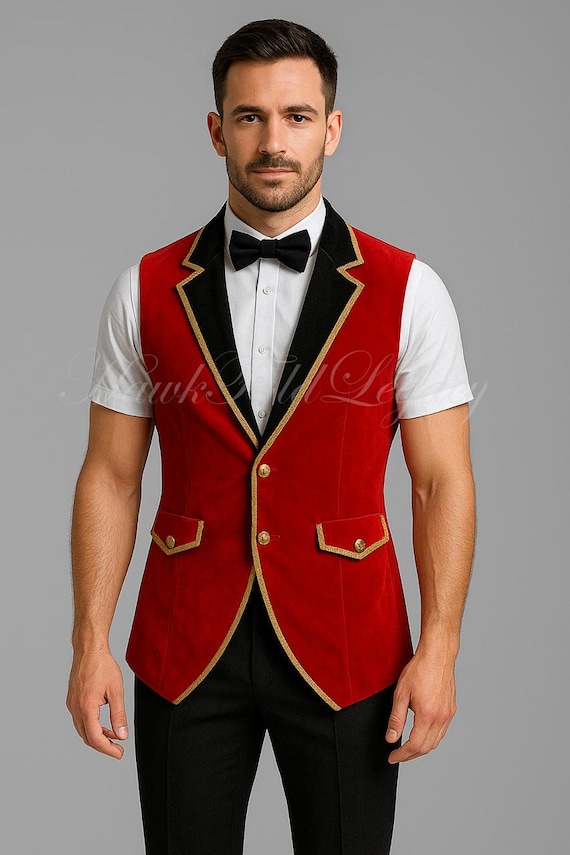 Men's Red Ringmaster Circus Ringleader Shows Vest, Victorian Steampunk Waistcoat Showman Costume Jacket Outfit