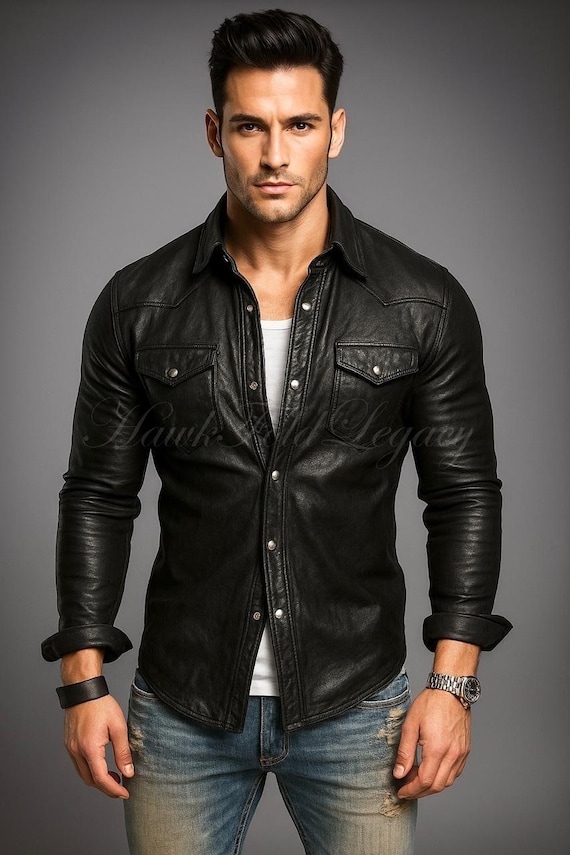 Men's Black Leather Shirt Jacket, Slim Fit Biker Lederhemd Leder Schwarz Trucker Shacket