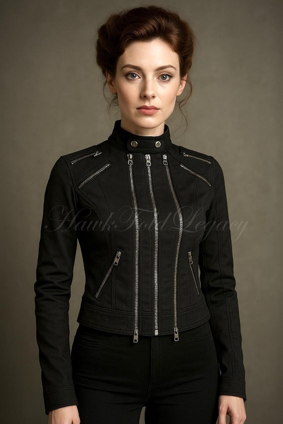 Women’s Gothic Steampunk Black Jacket, Handmade Vintage Slim Fit Moto Coat, Halloween Cosplay Costume