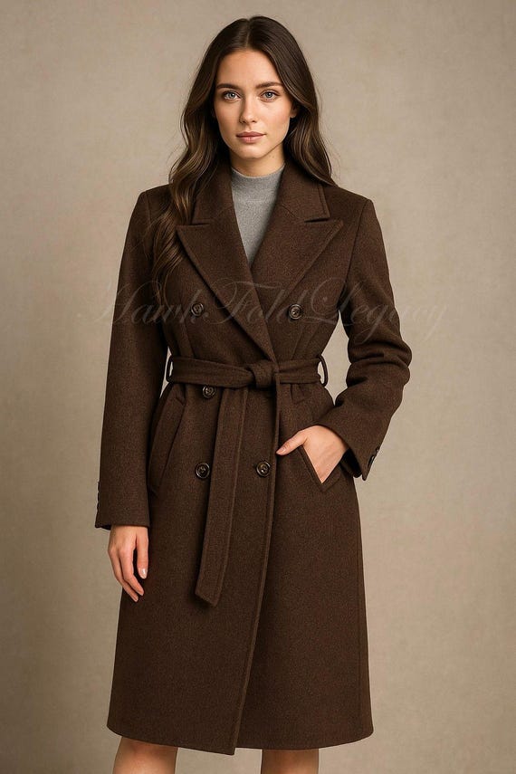 Women’s Brown Wool Trench Coat | Double-Breasted Winter Overcoat Long Jacket | Tailored Outerwear For Her