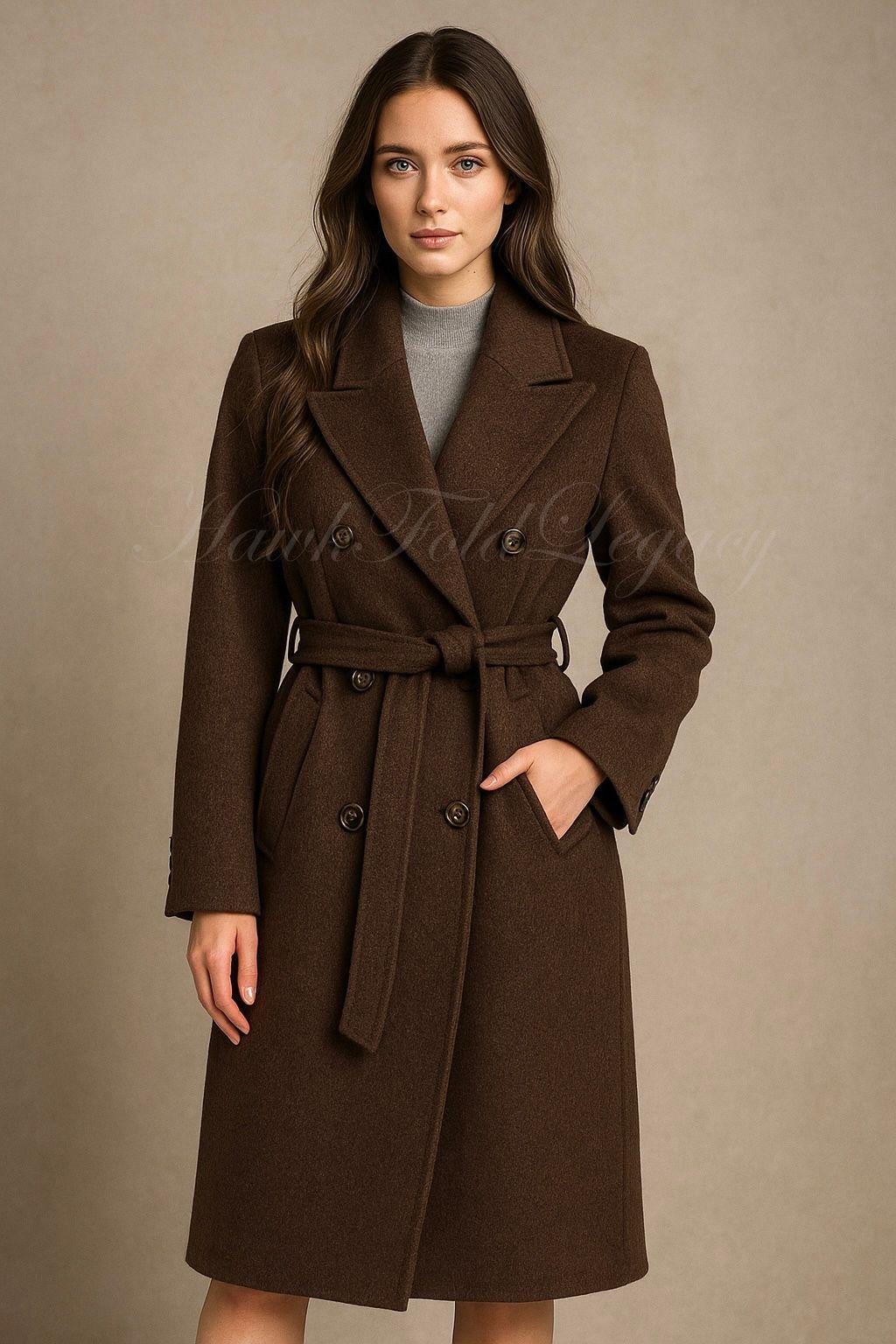 Women's Brown Wool Trench Coat | Double-breasted Winter Overcoat