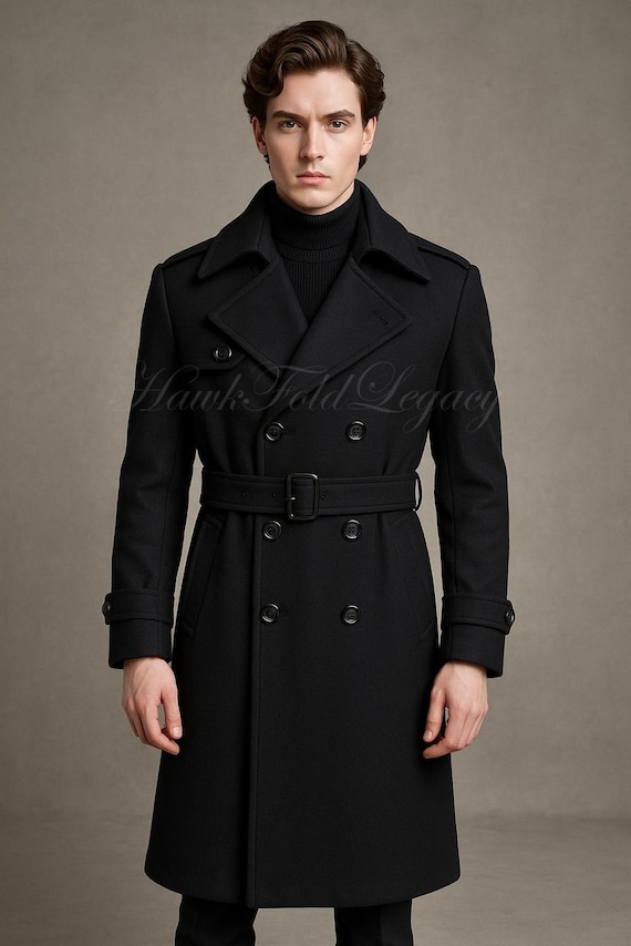 Men’s Black Wool Trench Coat, Double-Breasted Winter Long Overcoat Jacket Outerwear Gift for Him