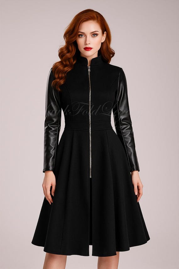 Women’s Gothic Black Flared Coat with Leather Sleeves, Steampunk Winter Jacket, Dark Academia Outerwear