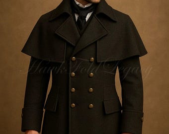 Men's Gothic Victorian Steampunk Military Wool Trench Cape Overcoat, Double-Breasted Vintage Regency Coat