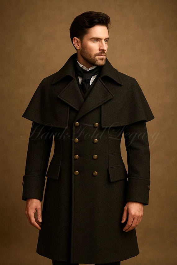 Men's Gothic Victorian Steampunk Military Wool Trench Cape Overcoat, Double-Breasted Vintage Regency Coat