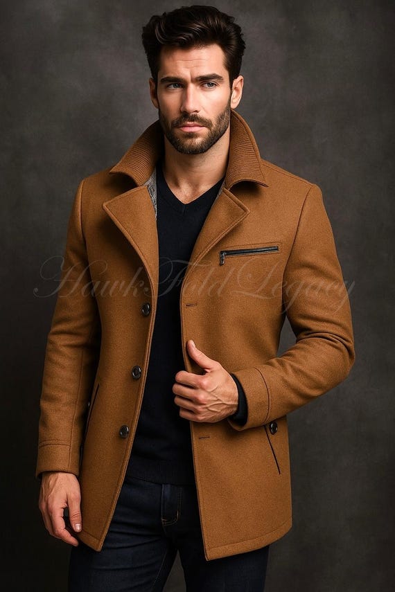 Men’s Brown Wool Overcoat, Slim Fit Formal Winter Dress Tailored Coat, Long Trench Outerwear