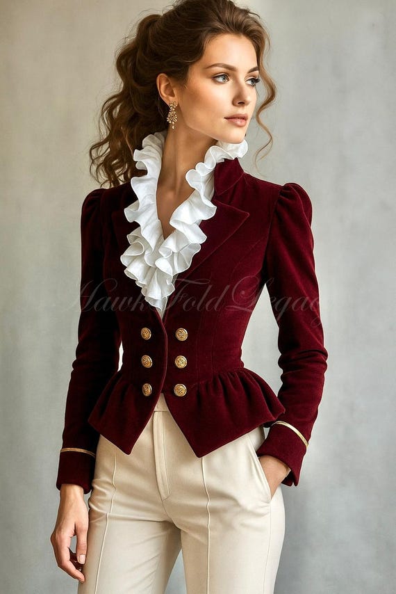 Women’s Victorian Steampunk Velvet Military Jacket, Gothic Vintage Ruffle Collar Coat, Burgundy Tailored Blazer