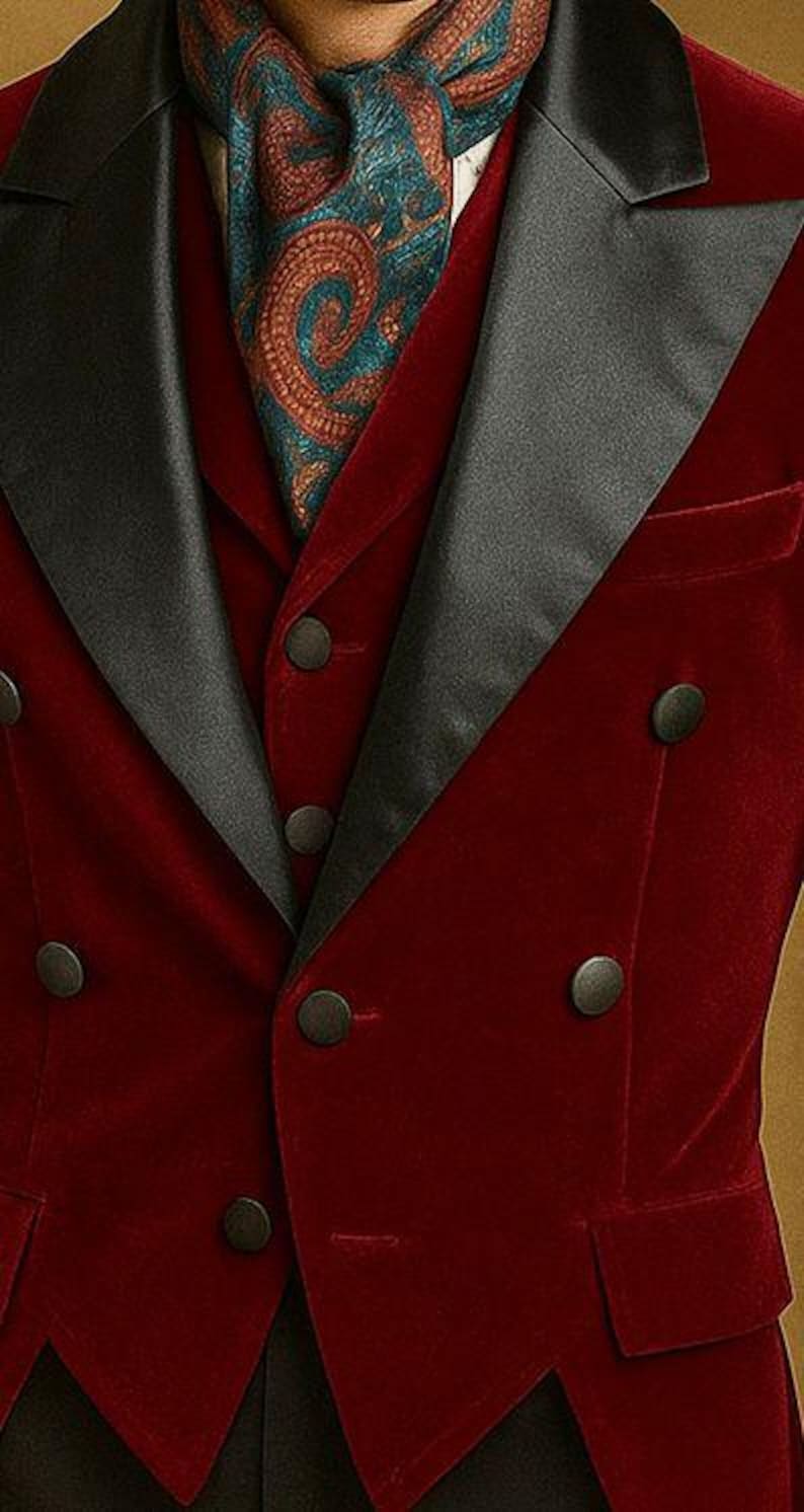 May include: A burgundy velvet tuxedo jacket with black satin lapels and buttons. A patterned scarf in teal and rust tones is visible at the neck. The jacket has a classic, formal design.