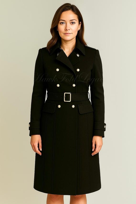 Women’s Black Wool Military Gothic Steampunk Long Coat , Double Breasted Winter Trench Overcoat Outerwear