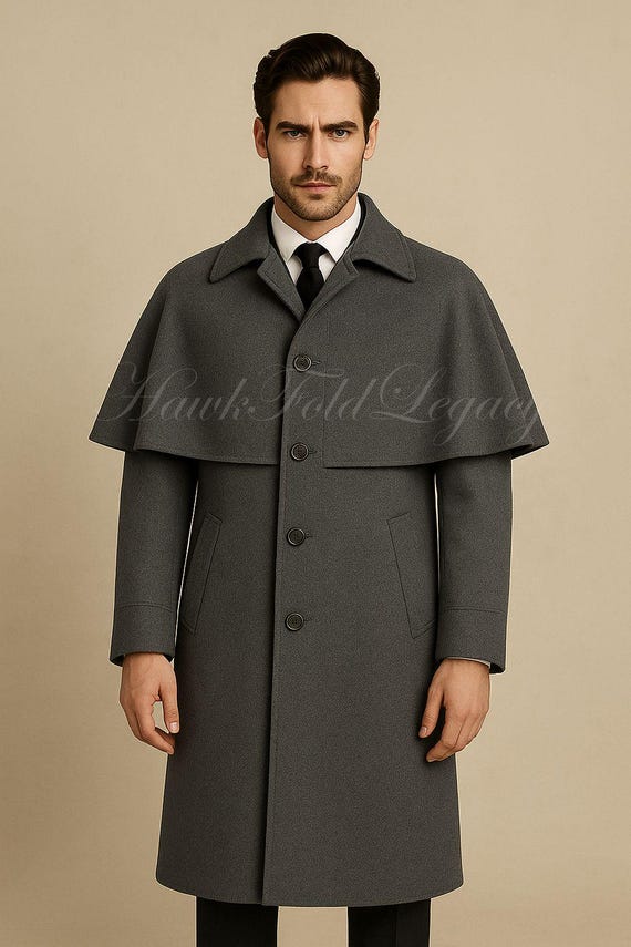 Men's Grey Victorian Wool Inverness Cape Coat, Winter Gentleman Long Trench, Edwardian Steampunk Cloak