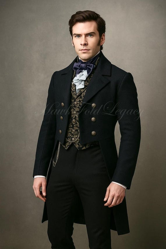 Men’s Victorian Black Wool Regency Tailcoat Jacket, Vintage Gothic Steampunk Gentleman Frock Coat