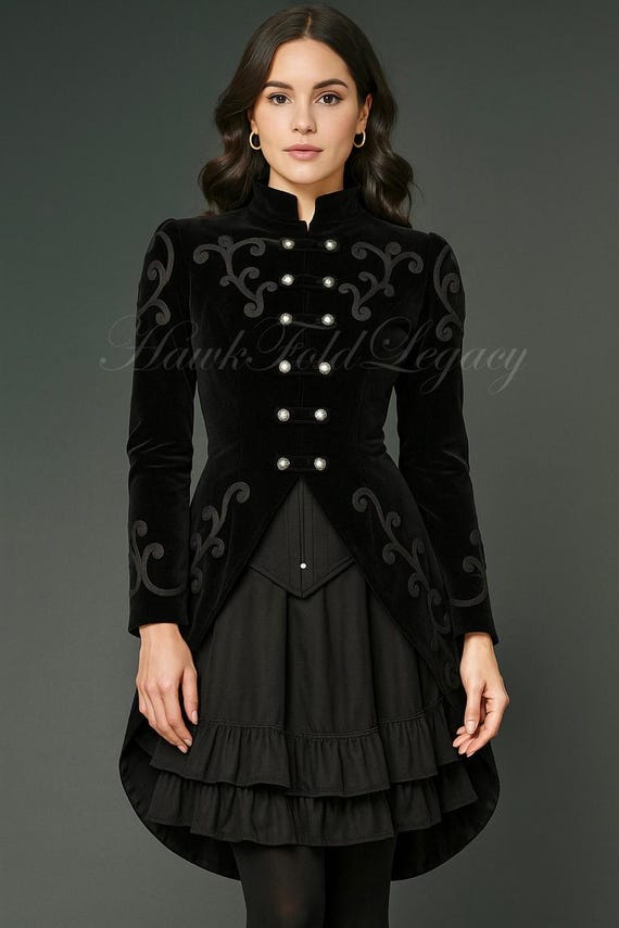 Women's Black Velvet Gothic Victorian Tailcoat, Steampunk Military Embroidered Cosplay Tail Jacket
