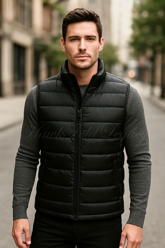 Men’s Brown Leather Puffer Vest, Sleeveless Biker Moto Casual Jacket, Handmade Vintage Retro Streetwear