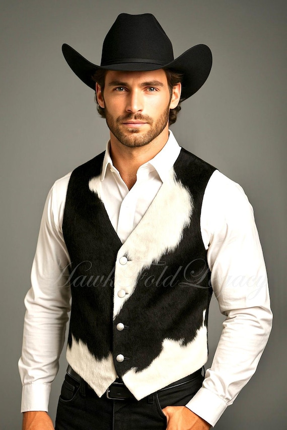 Men's Cowhide Leather Western Vest, Black & White Hair-On-Hide Cowboy Rodeo Fashion Waistcoat
