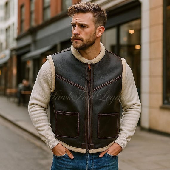 Men's Shearling Aviator C3 Bomber Vest: Genuine Sheepskin Leather Bomber Waistcoat
