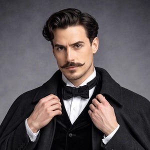 Puede incluir: Una persona con cabello oscuro y bigote estilo manillar que viste una camisa blanca de cuello, pajarita negra, chaleco de terciopelo negro y un abrigo de lana gris oscuro sobre los hombros ante un fondo gris moteado.
