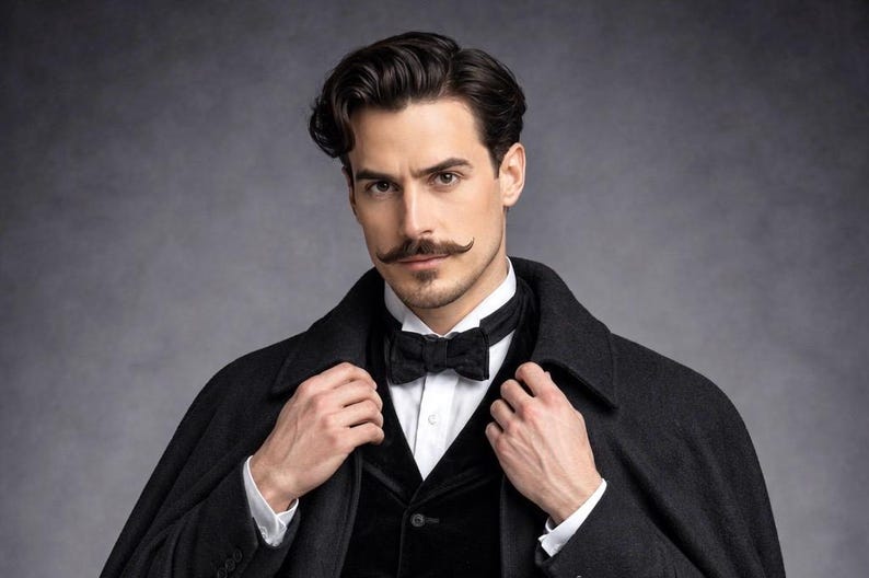 Puede incluir: Una persona con cabello oscuro y bigote estilo manillar que viste una camisa blanca de cuello, pajarita negra, chaleco de terciopelo negro y un abrigo de lana gris oscuro sobre los hombros ante un fondo gris moteado.