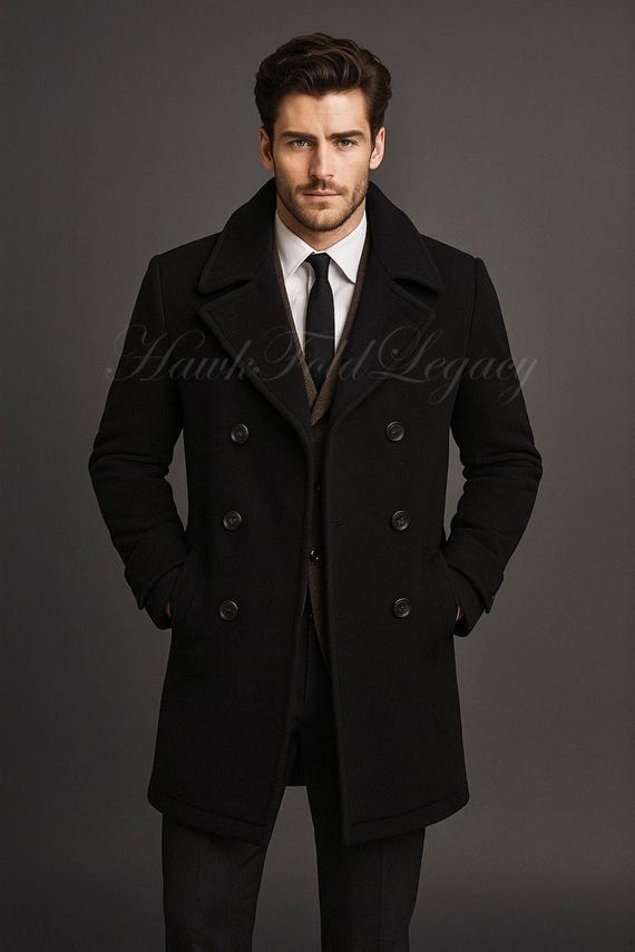 Men's Black Wool Peacoat, Vintage Victorian Double Breasted Winter