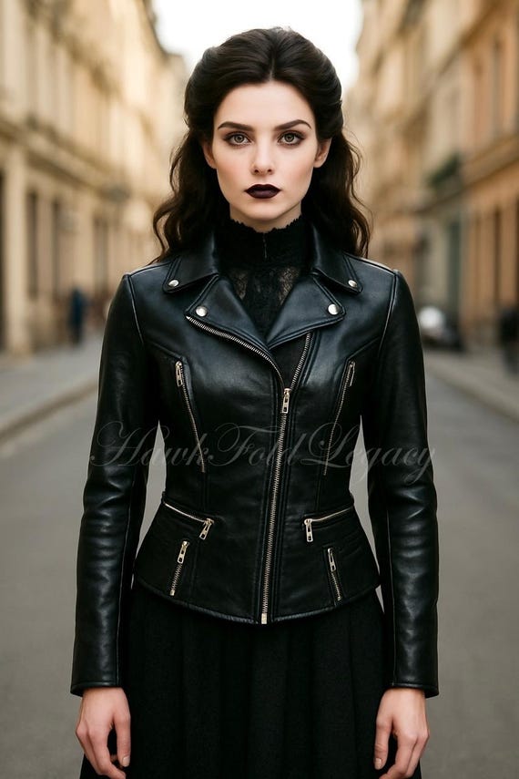 Women’s Black Leather Biker Moto Jacket with Zippers, Handmade Slim Fit Motorcycle Coat