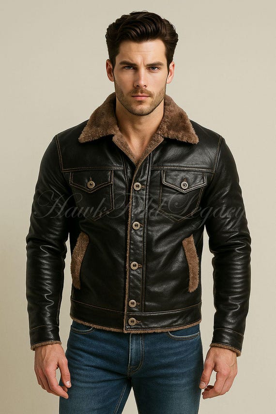 Men’s Black Shearling Bomber Leather Jacket, Handmade Vintage Aviator Flight Jacket Winter Coat