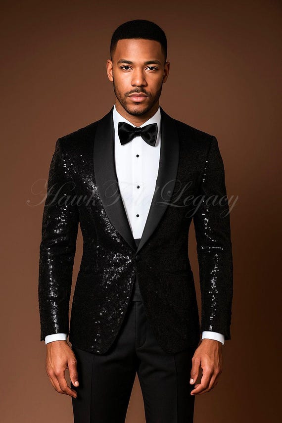 Men’s Black Sequin Tuxedo Blazer Coat, Shiny Sparkle Jacket for Wedding, Prom Party & Red