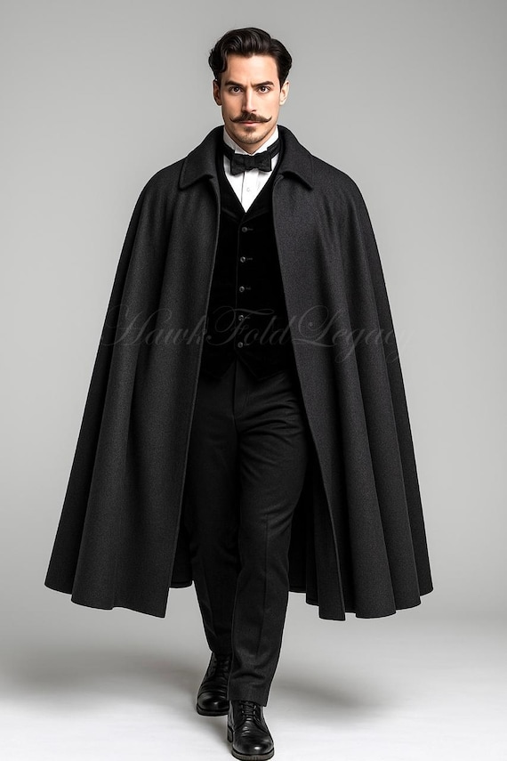 Men’s Victorian Black Wool Cape Coat, Vintage Gothic Steampunk Cloak Long Overcoat, Halloween Cosplay