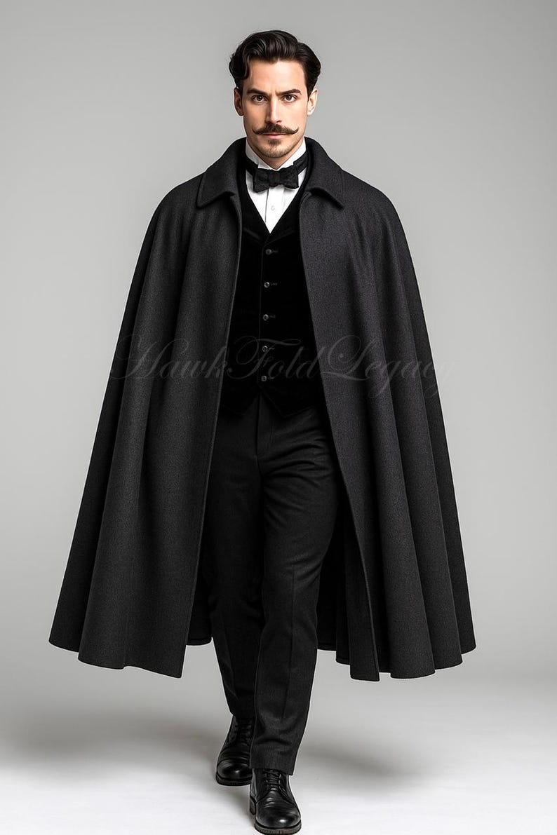 Puede incluir: Una capa de lana gris carb&oacute;n oscuro sobre un chaleco de terciopelo negro, una camisa blanca de cuello, una pajarita negra y pantalones negros. La capa presenta un cuello estructurado y una silueta larga. El texto Hawk Fold Legacy es visible.