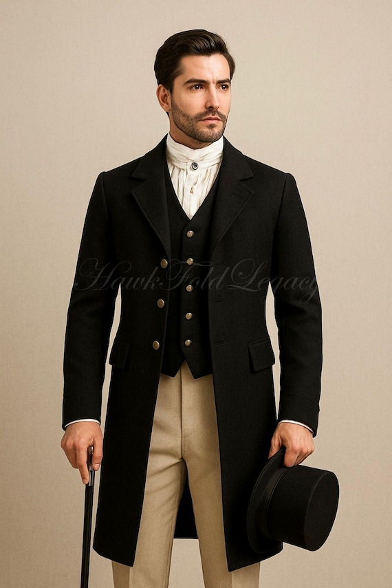 Men’s Victorian Black Wool Regency Tailcoat, Vintage Gothic Steampunk Gentleman Frock Coat, 19th Century