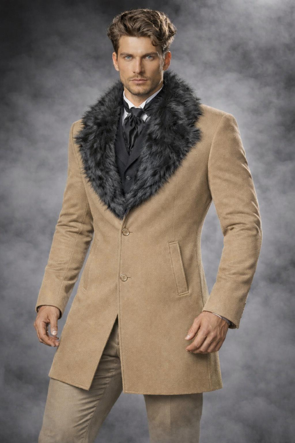 Men's Black Wool Coat With Faux Fur Collar, Winter Long Overcoat