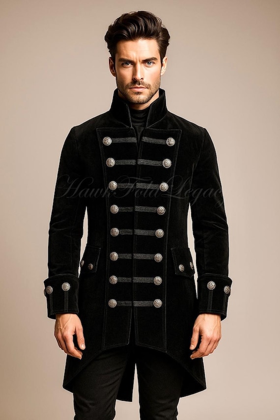 Men’s Black Military Gothic Steampunk Victorian Long Tailcoat Jacket, Vintage Band Uniform Cosplay Costume