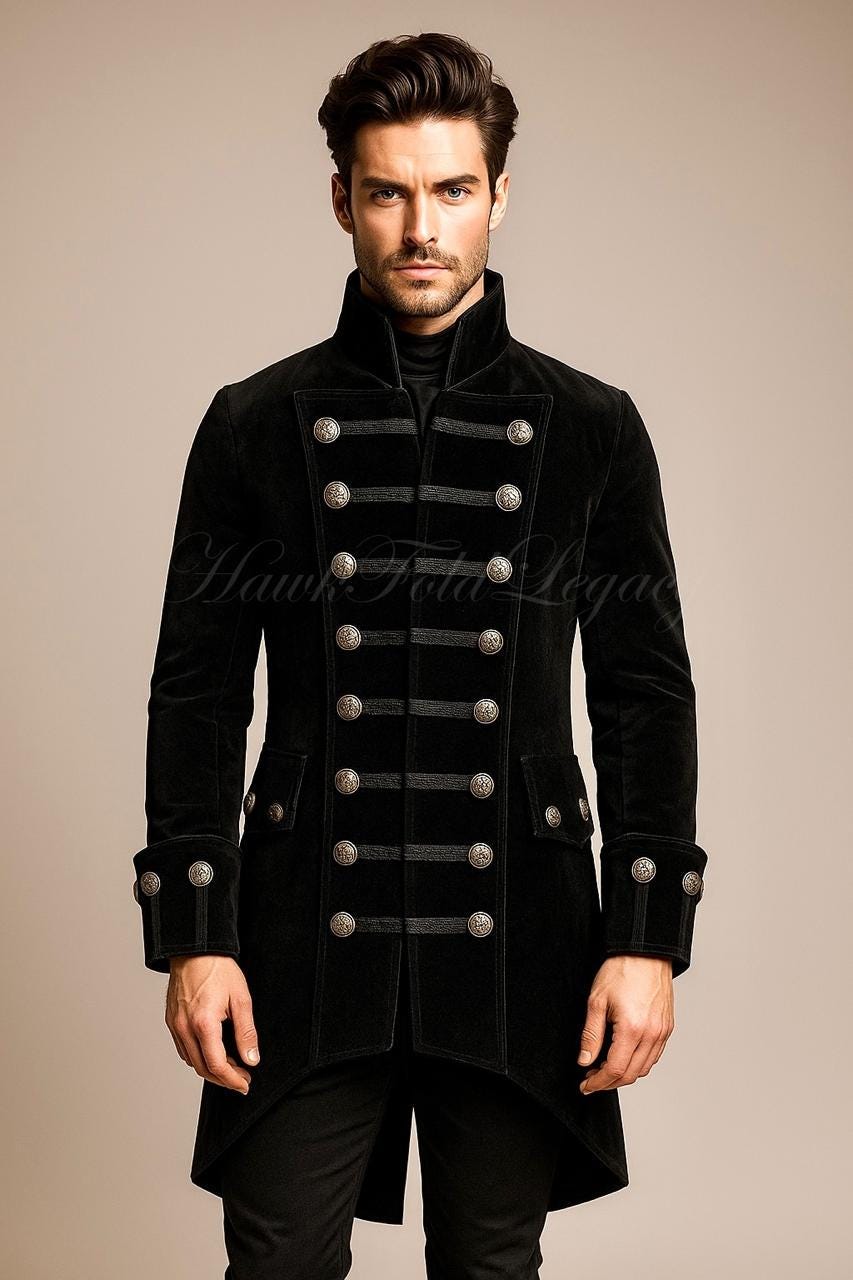 Men's Black Military Gothic Steampunk Victorian Long Tailcoat
