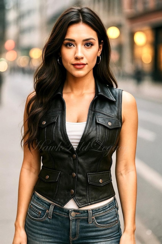 Handmade Black Leather Biker Vest: Women's Vintage Festival Fashion