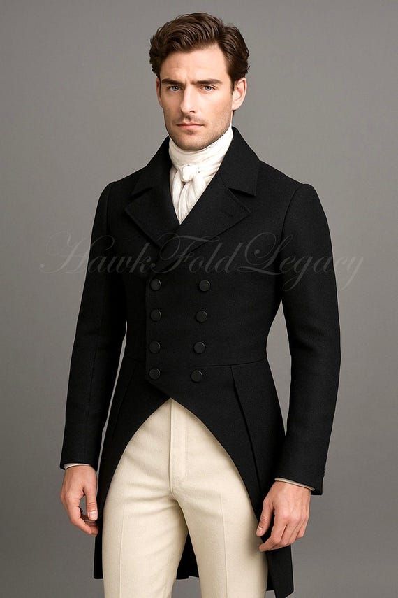 Men’s Victorian Wool Black Regency Tailcoat, Vintage Gothic Steampunk Frock Coat, Historical Long Overcoat