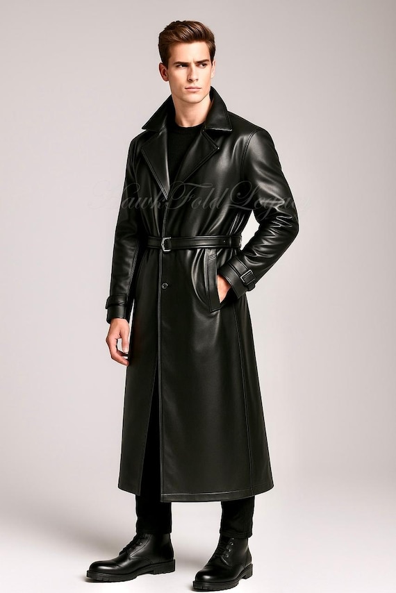 Men’s Black Leather Long Trench Coat, Gothic Victorian Steampunk Winter Overcoat, Cosplay Streetwear Coat