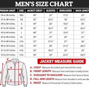 Puede incluir: Una tabla de tallas para chaquetas con columnas para pecho, talla, pecho de la chaqueta, mangas, hombros y largo de espalda en pulgadas. Debajo de la tabla, un esquema de chaqueta muestra los puntos de medici&oacute;n de la A a la E.