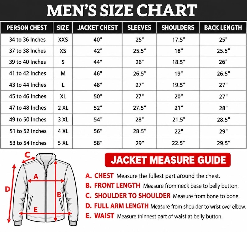 Puede incluir: Una tabla de tallas para chaquetas con columnas para pecho, talla, pecho de la chaqueta, mangas, hombros y largo de espalda en pulgadas. Debajo de la tabla, un esquema de chaqueta muestra los puntos de medici&oacute;n de la A a la E.
