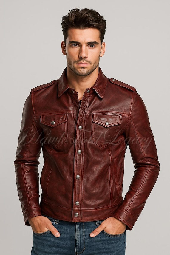 Men’s Maroon Biker Retro Trucker Leather Jacket, Handmade Real Sheepskin Vintage Winter Coat
