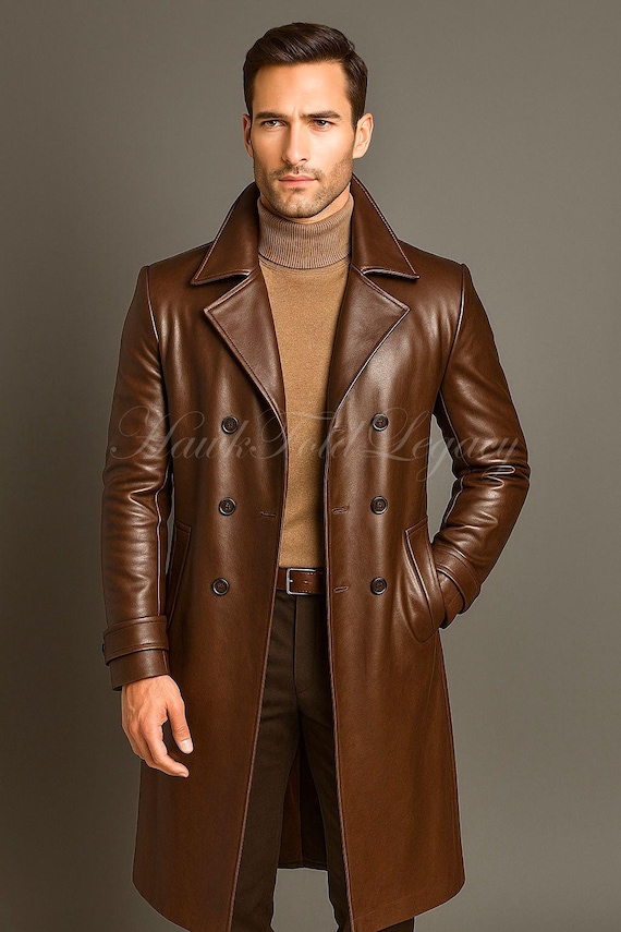 Men’s Brown Leather Long Trench Coat, Gothic Victorian Steampunk Winter Cosplay Overcoat Streetwear