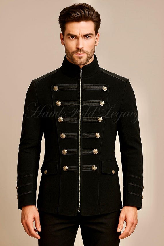 Men’s Black Gothic Military Steampunk Parade Jacket, Victorian Coat, Dark Academia Uniform Cosplay