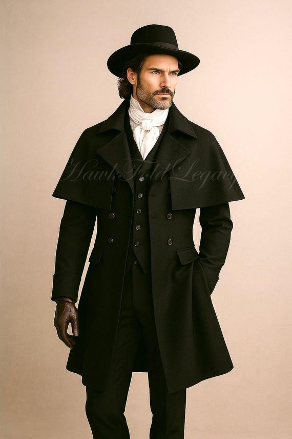 Men’s Victorian Gothic Black Wool Trench Cape Coat Tailcoat, Vintage Steampunk Clock Overcoat Jacket