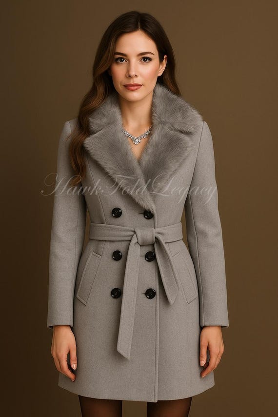 Women's Wool Long Trench Coat with Fur Collar, Double-Breasted Overcoat