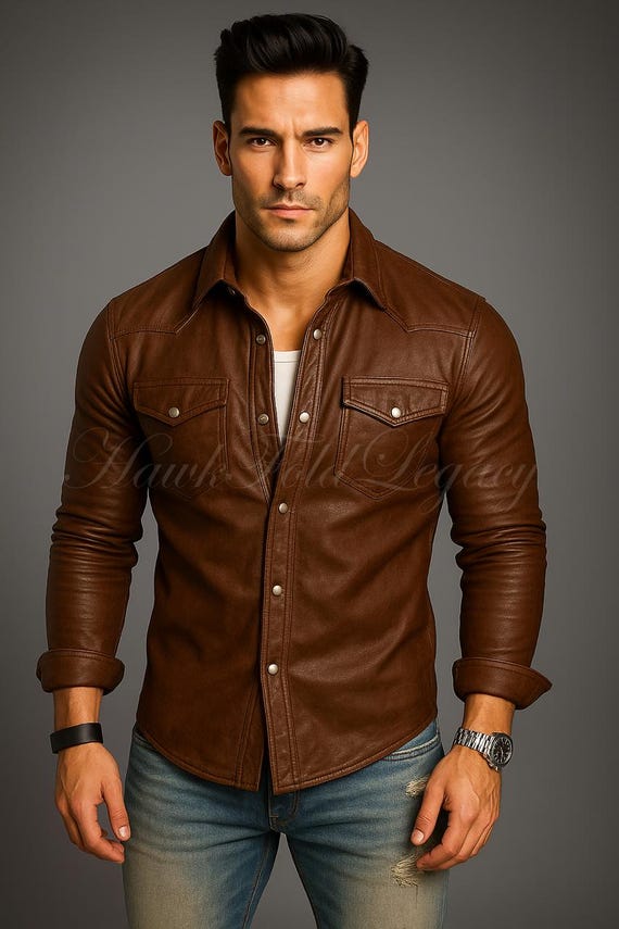 Men's Brown Leather Shirt Jacket, Slim Fit Biker Lederhemd Leder Schwarz Trucker Shacket