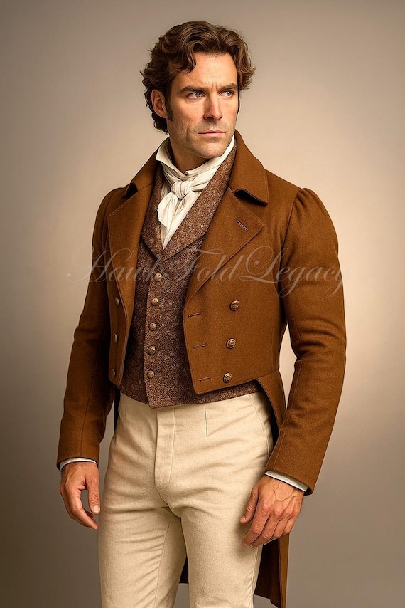 Men’s Victorian Brown Wool Regency Tailcoat, Vintage Gothic Steampunk Style Frock Coat, Historical Cosplay