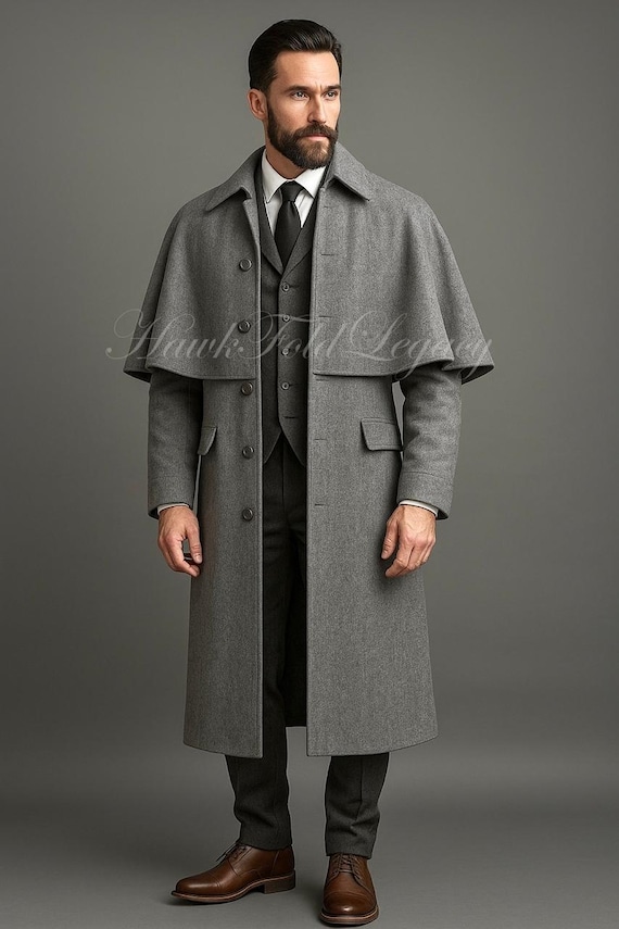 Men's Gray Victorian Wool Inverness Cape Coat, Winter Gentleman Long Trench Overcoat, Edwardian Steampunk Cloak