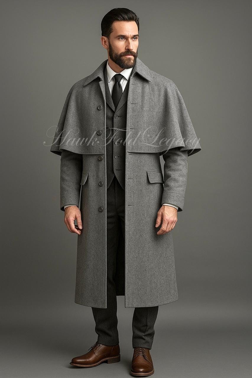 Men's Gray Victorian Wool Inverness Cape Coat, Winter Gentleman