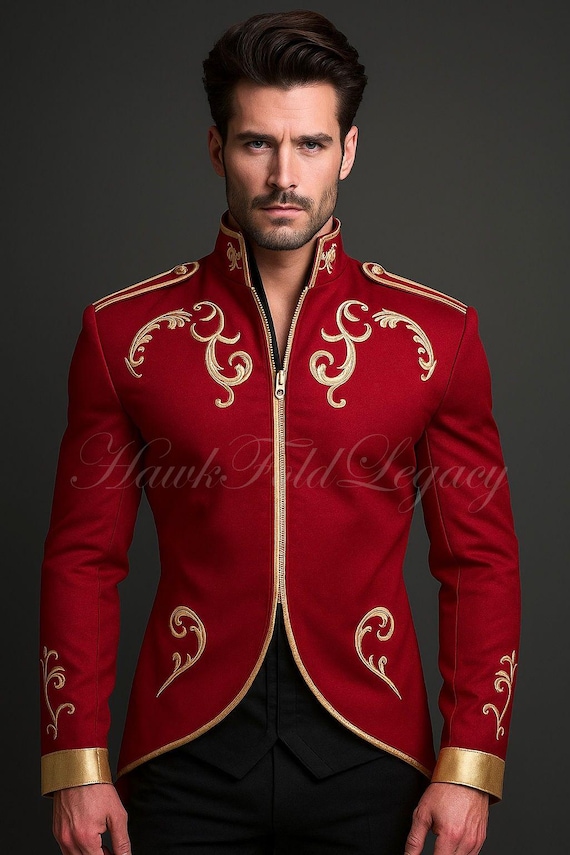 Men's Royal Red Military Jacket Coat, Handmade Victorian Steampunk Parade Uniform, Formal Prince Costume