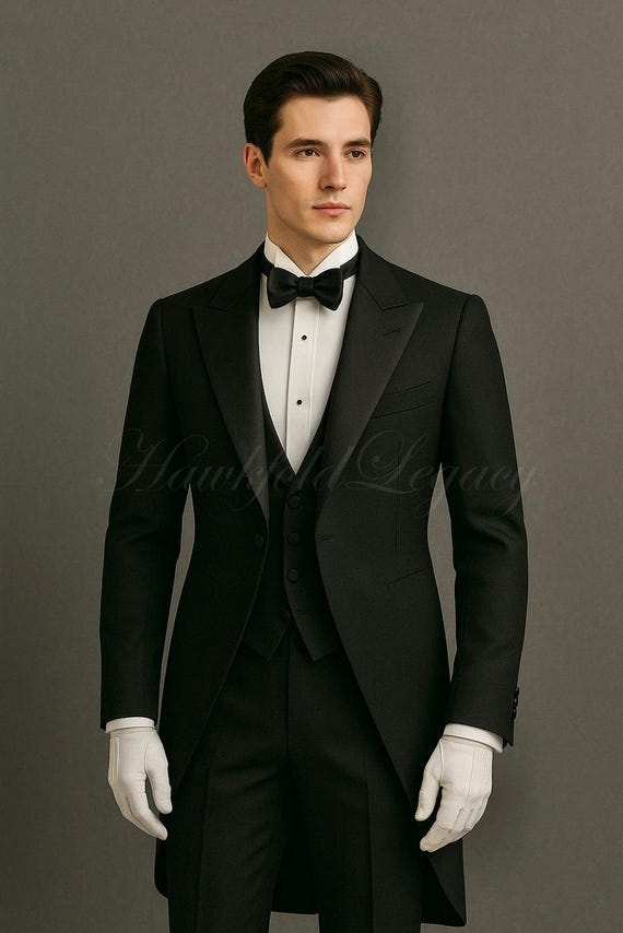 Men’s Victorian Black Wool Regency Tailcoat, Tuxedo Tail Jacket, Historical Wedding Suit Coat Groom